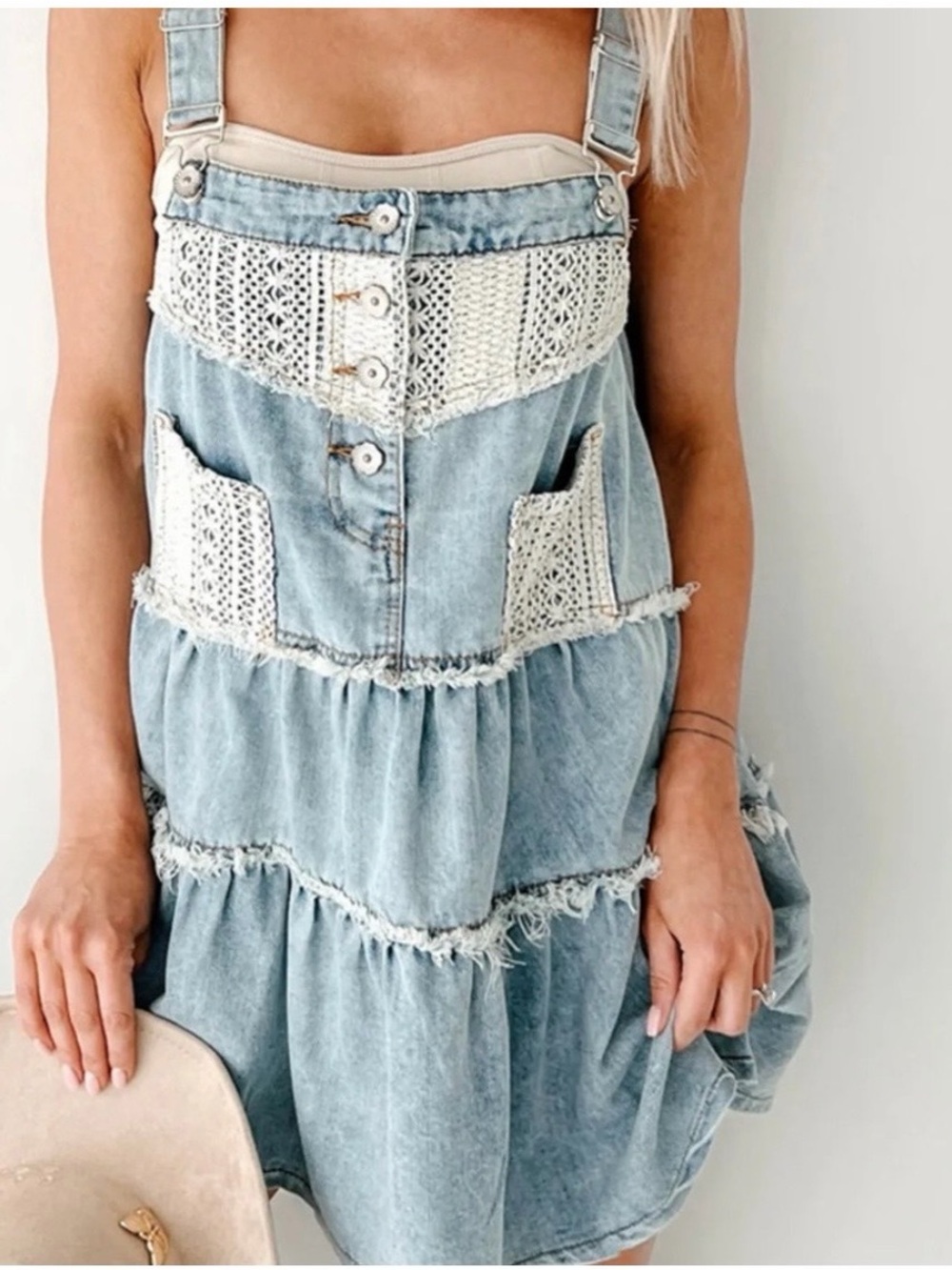 POL Light Blue Denim Mini Dress with Cream Crochet Trim